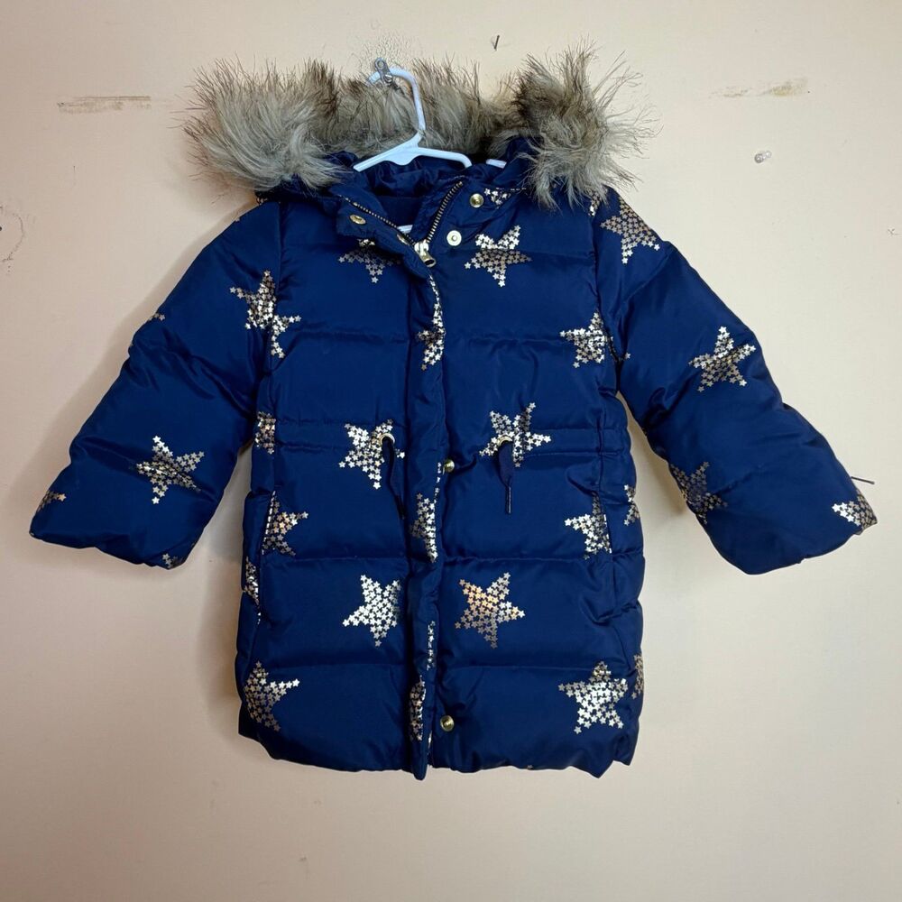 GAP Navy Blue & Gold Stars Faux Fur Hooded Puffy Winter COAT 2T toddler girl